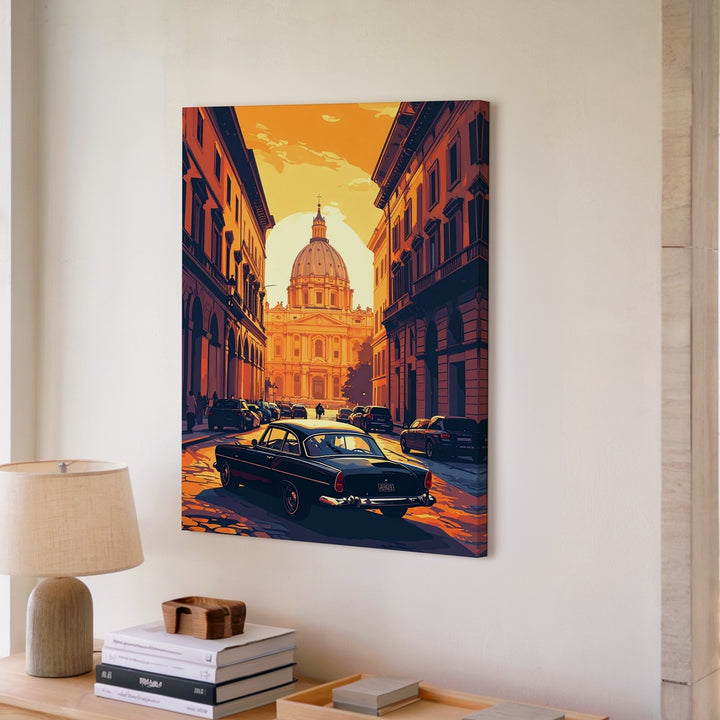 Classic Black Car European Sunset Canvas – Cinematic Cityscape Wall Art - Gifitto