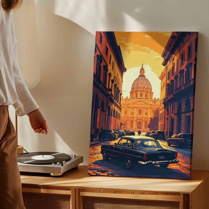 Classic Black Car European Sunset Canvas – Cinematic Cityscape Wall Art - Gifitto