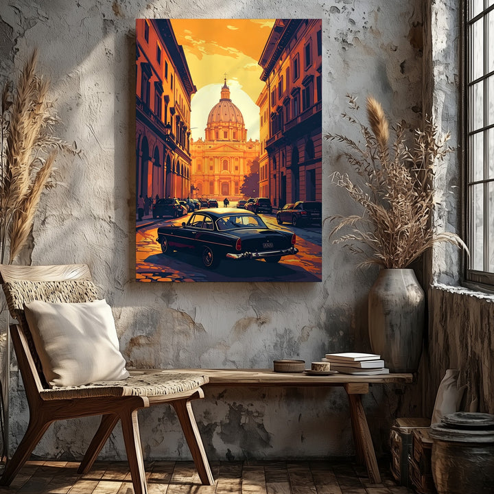 Classic Black Car European Sunset Canvas – Cinematic Cityscape Wall Art - Gifitto