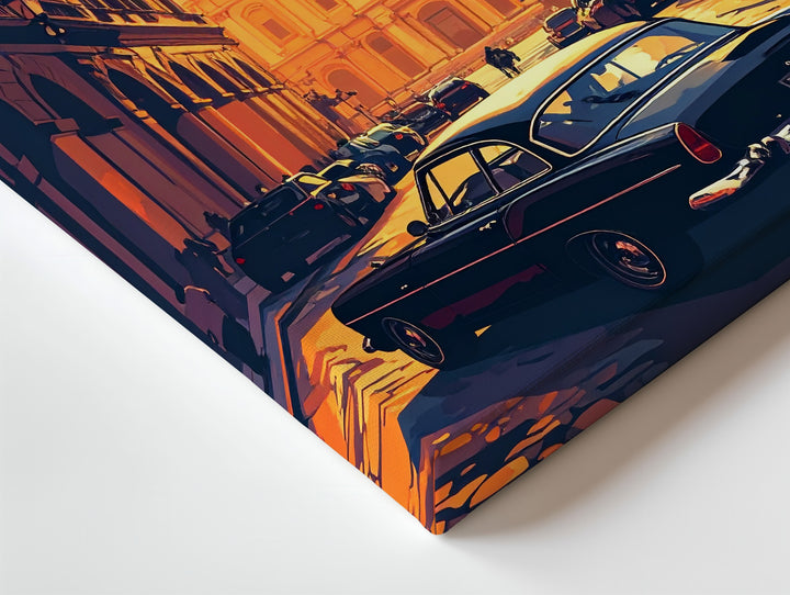 Classic Black Car European Sunset Canvas – Cinematic Cityscape Wall Art - Gifitto