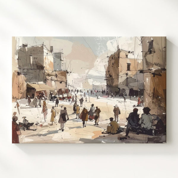City Square Sketch Canvas – Warm Urban Gathering in Pastel Tones - Gifitto