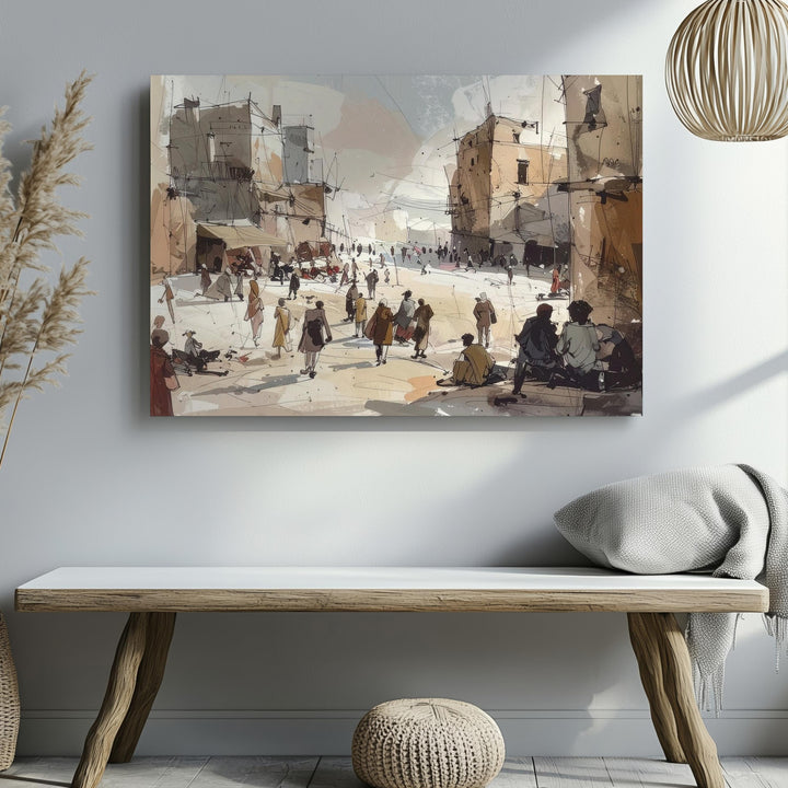 City Square Sketch Canvas – Warm Urban Gathering in Pastel Tones - Gifitto
