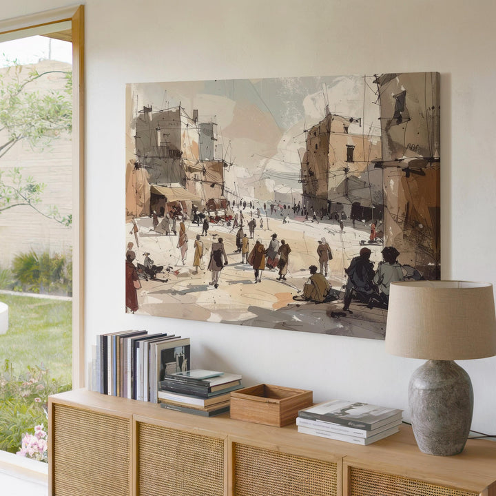 City Square Sketch Canvas – Warm Urban Gathering in Pastel Tones - Gifitto