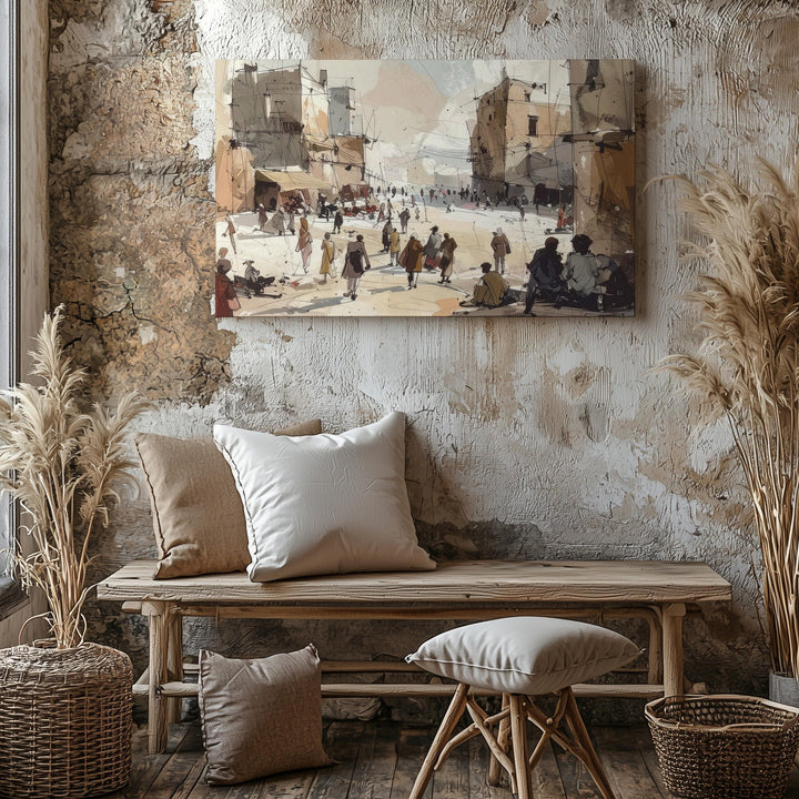 City Square Sketch Canvas – Warm Urban Gathering in Pastel Tones - Gifitto