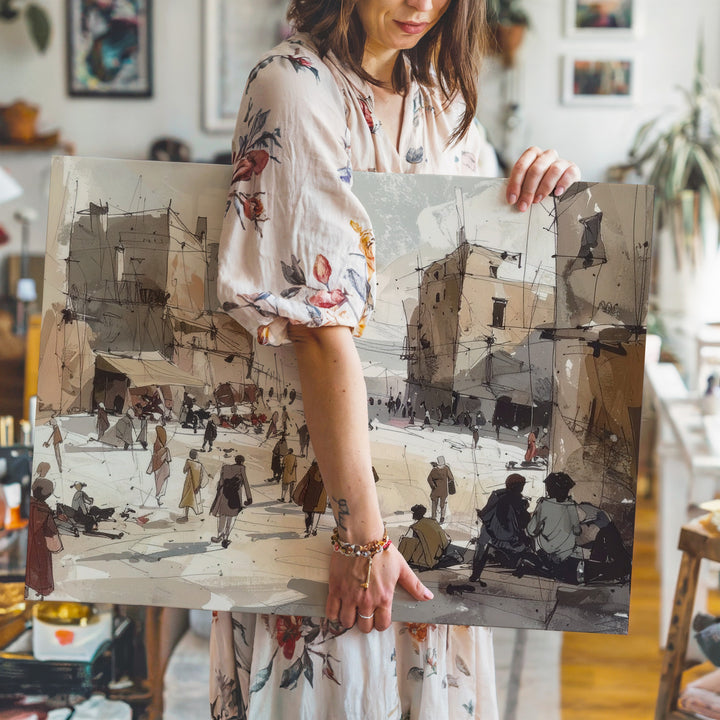 City Square Sketch Canvas – Warm Urban Gathering in Pastel Tones - Gifitto
