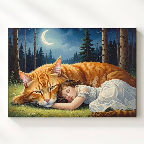 Serene Dreamscape Canvas – Woman and Orange Tabby Cat Under the Moon - Gifitto