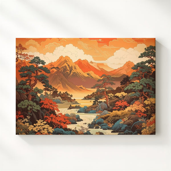 Golden Mountain Scroll Canvas – East Asian Fantasy Landscape Wall Art - Gifitto