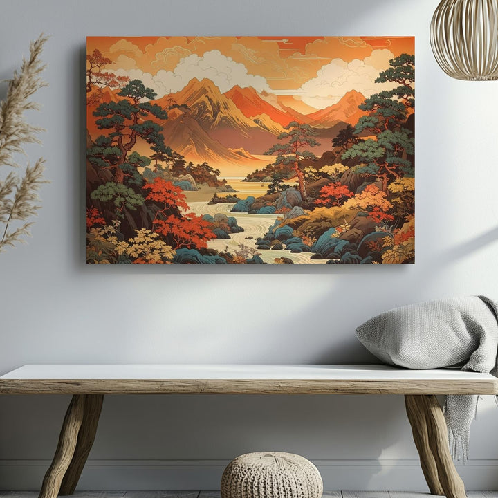 Golden Mountain Scroll Canvas – East Asian Fantasy Landscape Wall Art - Gifitto