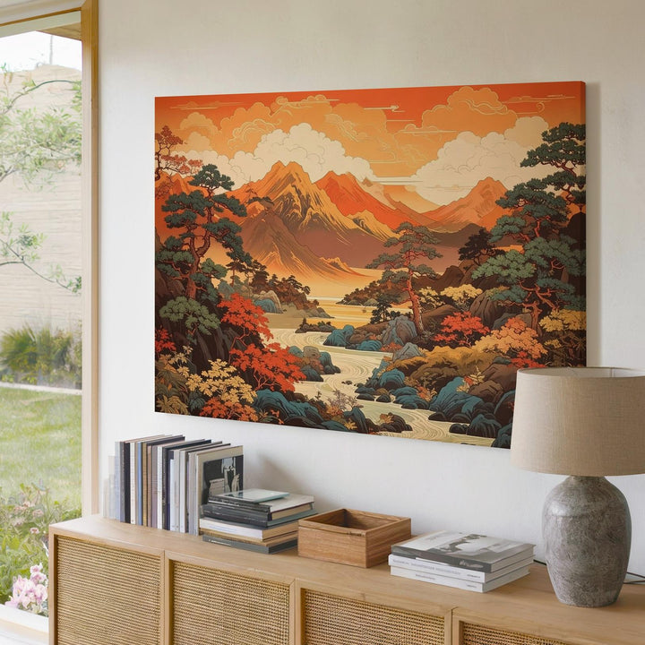 Golden Mountain Scroll Canvas – East Asian Fantasy Landscape Wall Art - Gifitto