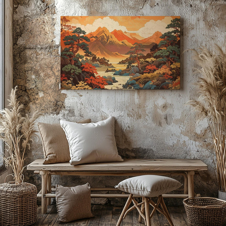 Golden Mountain Scroll Canvas – East Asian Fantasy Landscape Wall Art - Gifitto