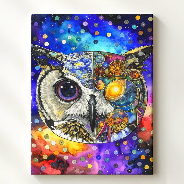 Cosmic Owl Canvas – Psychedelic Split-Face Design with Space and Technology Elements - Gifitto