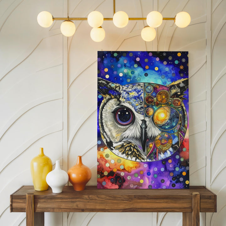 Cosmic Owl Canvas – Psychedelic Split-Face Design with Space and Technology Elements - Gifitto