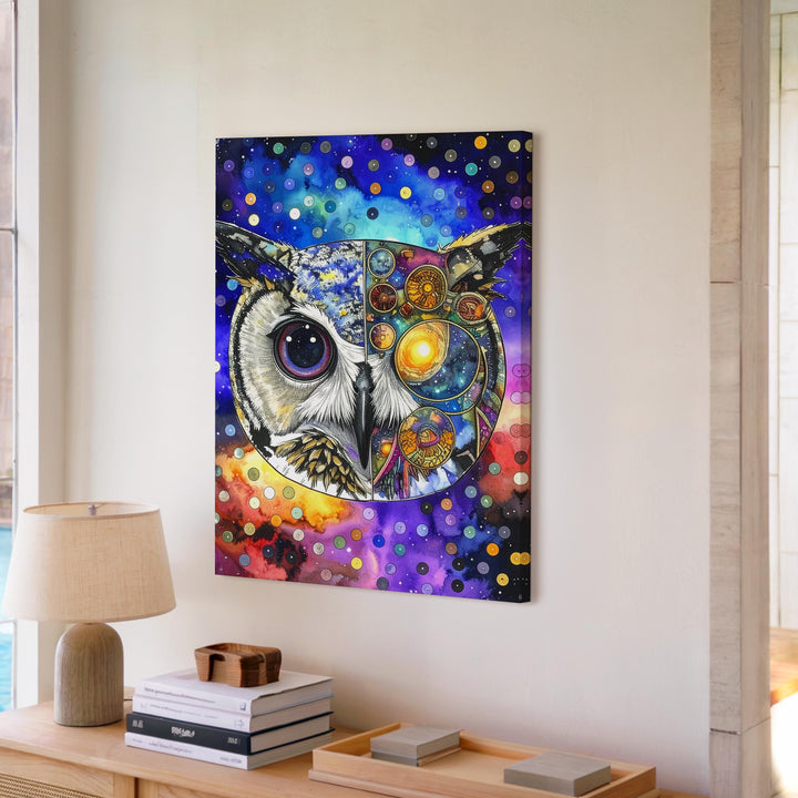 Cosmic Owl Canvas – Psychedelic Split-Face Design with Space and Technology Elements - Gifitto