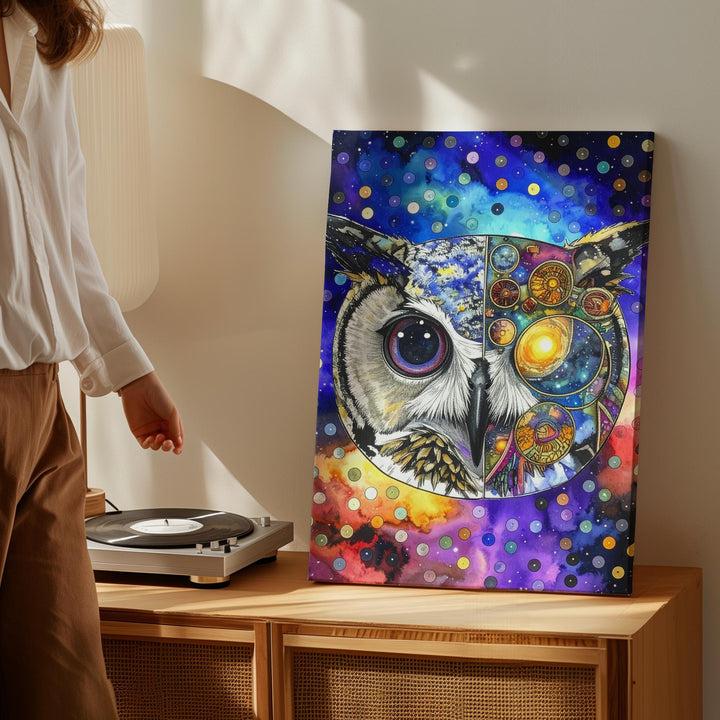 Cosmic Owl Canvas – Psychedelic Split-Face Design with Space and Technology Elements - Gifitto