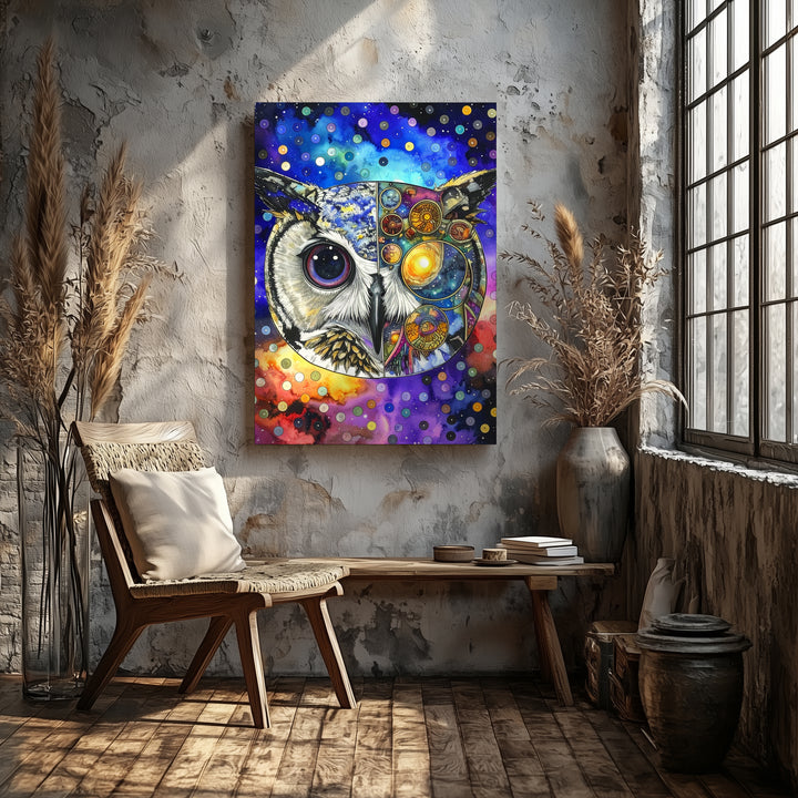 Cosmic Owl Canvas – Psychedelic Split-Face Design with Space and Technology Elements - Gifitto