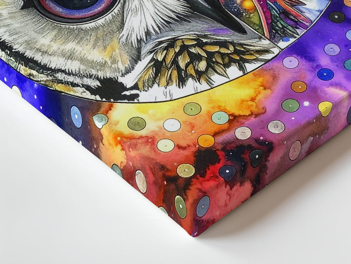 Cosmic Owl Canvas – Psychedelic Split-Face Design with Space and Technology Elements - Gifitto
