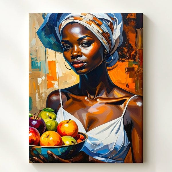 African Woman with Fruit Bowl Canvas – Stylized Portrait in Earth Tones - Gifitto