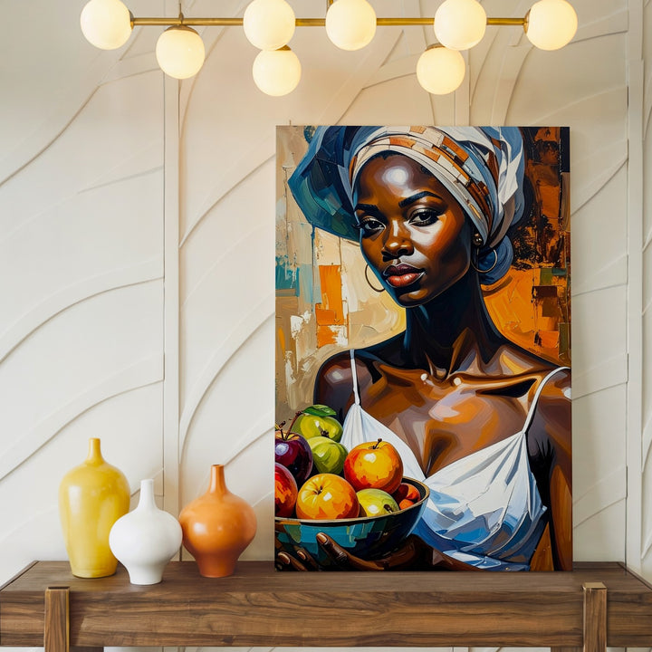 African Woman with Fruit Bowl Canvas – Stylized Portrait in Earth Tones - Gifitto