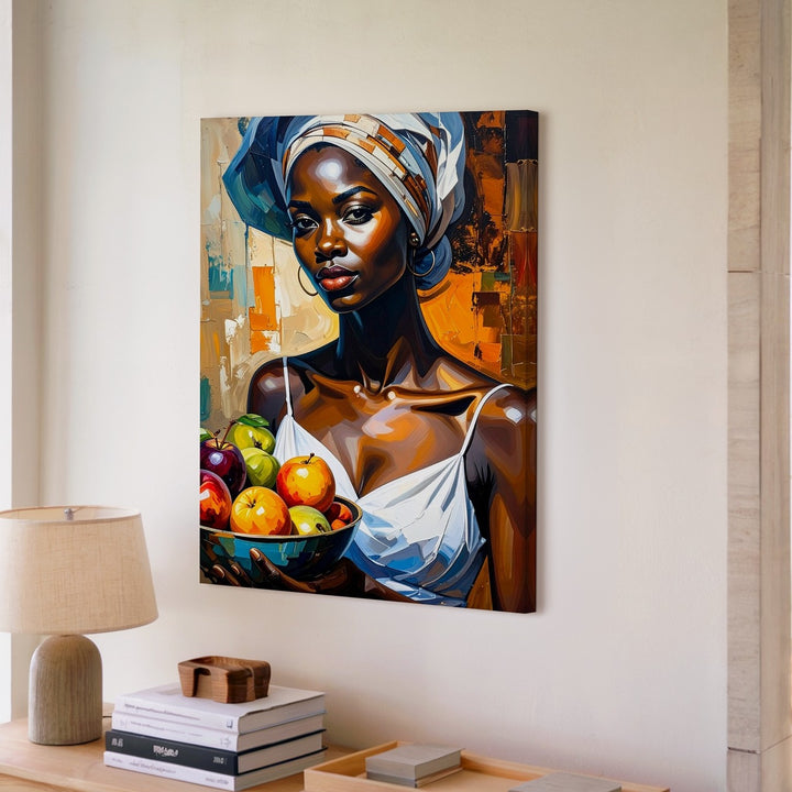 African Woman with Fruit Bowl Canvas – Stylized Portrait in Earth Tones - Gifitto