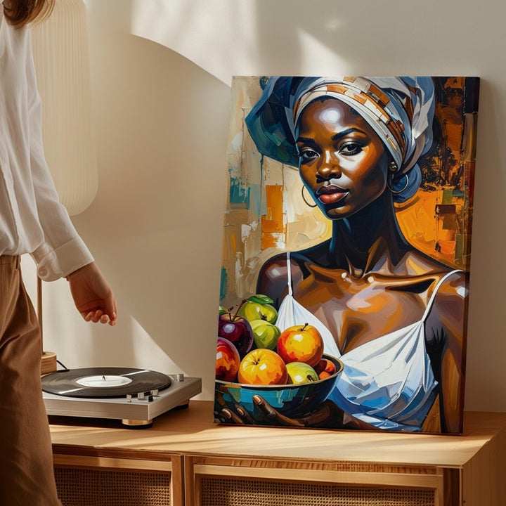 African Woman with Fruit Bowl Canvas – Stylized Portrait in Earth Tones - Gifitto