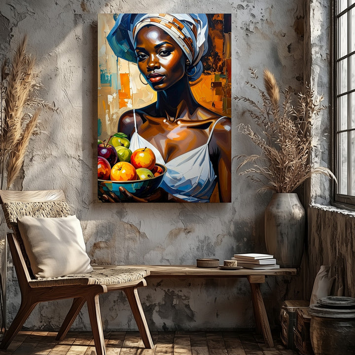 African Woman with Fruit Bowl Canvas – Stylized Portrait in Earth Tones - Gifitto