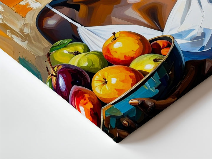 African Woman with Fruit Bowl Canvas – Stylized Portrait in Earth Tones - Gifitto