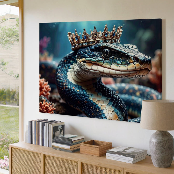 Regal Serpent Canvas – Crowned Snake with Iridescent Scales and Mythical Aura - Gifitto