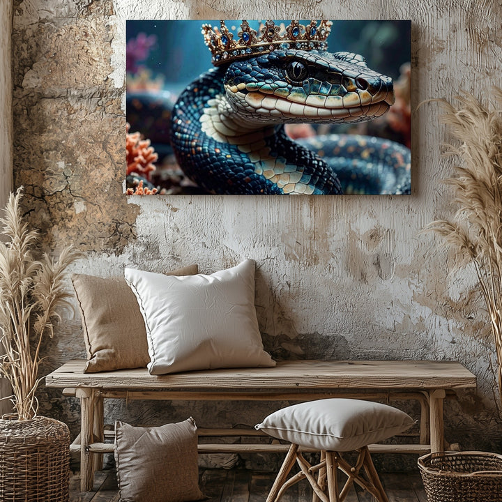 Regal Serpent Canvas – Crowned Snake with Iridescent Scales and Mythical Aura - Gifitto