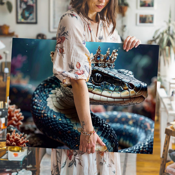 Regal Serpent Canvas – Crowned Snake with Iridescent Scales and Mythical Aura - Gifitto