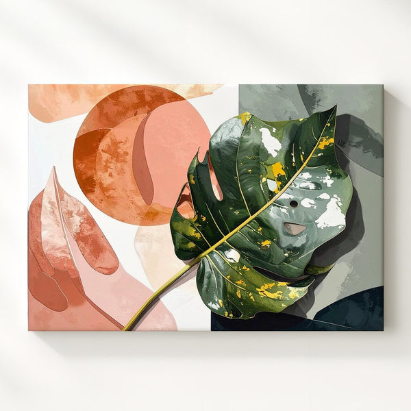 Monstera Leaf Canvas – Vibrant Tropical Art with Geometric Color Blocking - Gifitto