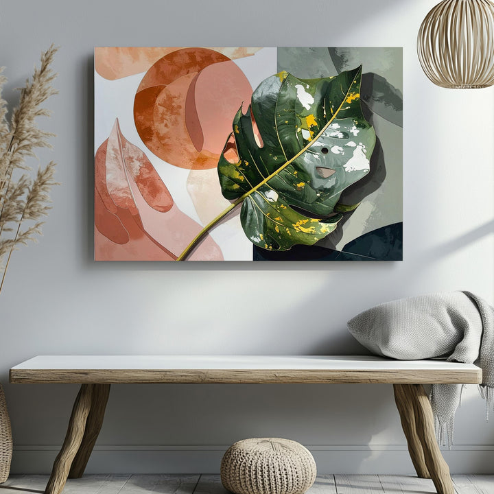 Monstera Leaf Canvas – Vibrant Tropical Art with Geometric Color Blocking - Gifitto