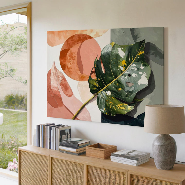 Monstera Leaf Canvas – Vibrant Tropical Art with Geometric Color Blocking - Gifitto