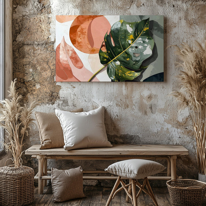 Monstera Leaf Canvas – Vibrant Tropical Art with Geometric Color Blocking - Gifitto