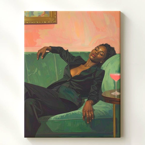 Vintage Glamour Canvas – Melancholic Elegance on Green Velvet Couch - Gifitto
