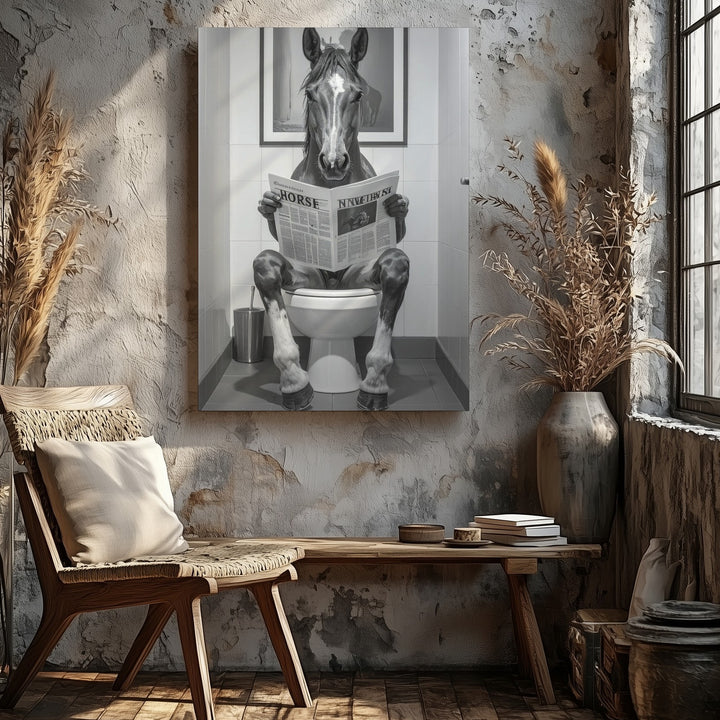Horse on the Throne Canvas – Funny Monochrome Equestrian Humor Art - Gifitto