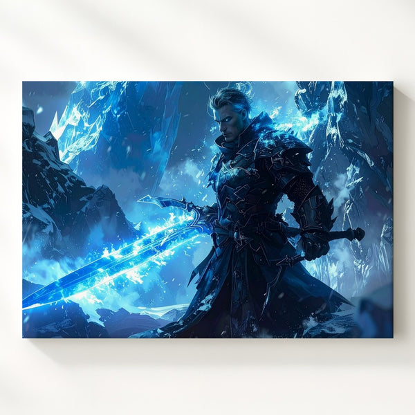 Ice Warrior with Glowing Sword Canvas – Powerful Snowstorm Battle Art - Gifitto