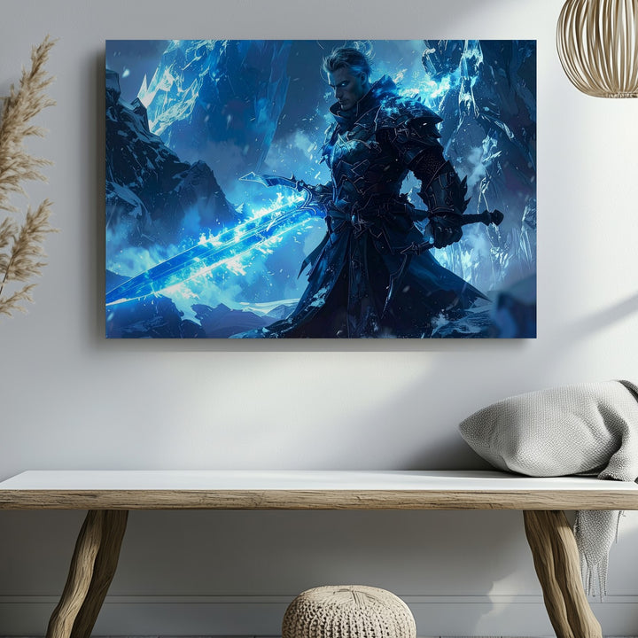 Ice Warrior with Glowing Sword Canvas – Powerful Snowstorm Battle Art - Gifitto