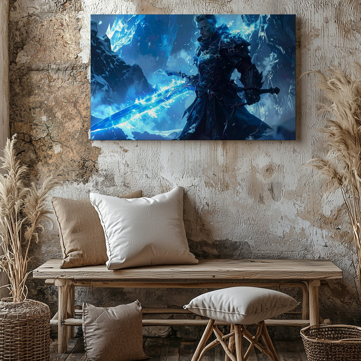 Ice Warrior with Glowing Sword Canvas – Powerful Snowstorm Battle Art - Gifitto
