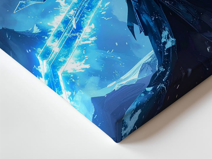 Ice Warrior with Glowing Sword Canvas – Powerful Snowstorm Battle Art - Gifitto