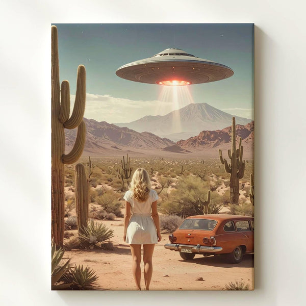 Extraterrestrial Encounter Canvas – Woman in Desert Under Hovering UFO - Gifitto