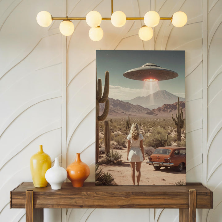 Extraterrestrial Encounter Canvas – Woman in Desert Under Hovering UFO - Gifitto