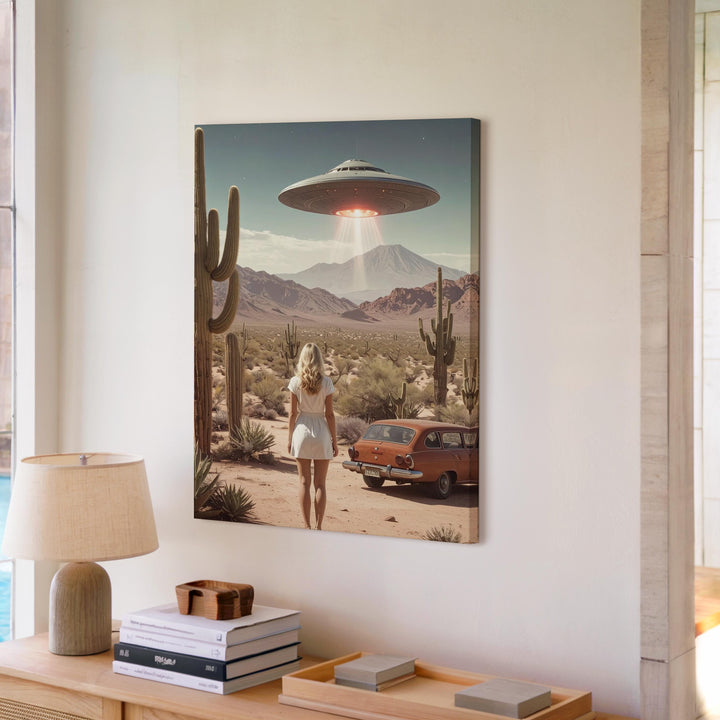Extraterrestrial Encounter Canvas – Woman in Desert Under Hovering UFO - Gifitto