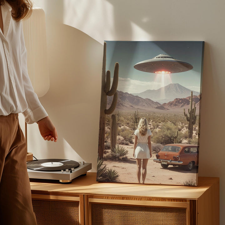 Extraterrestrial Encounter Canvas – Woman in Desert Under Hovering UFO - Gifitto