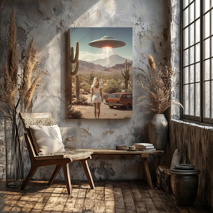 Extraterrestrial Encounter Canvas – Woman in Desert Under Hovering UFO - Gifitto