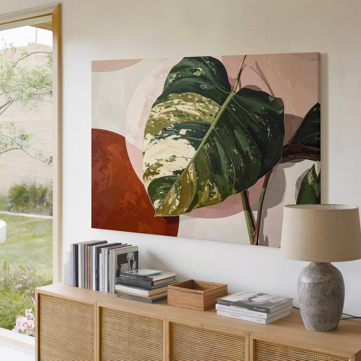 Monstera Leaf Canvas – Realistic Botanical Art with Abstract Earthy Background - Gifitto