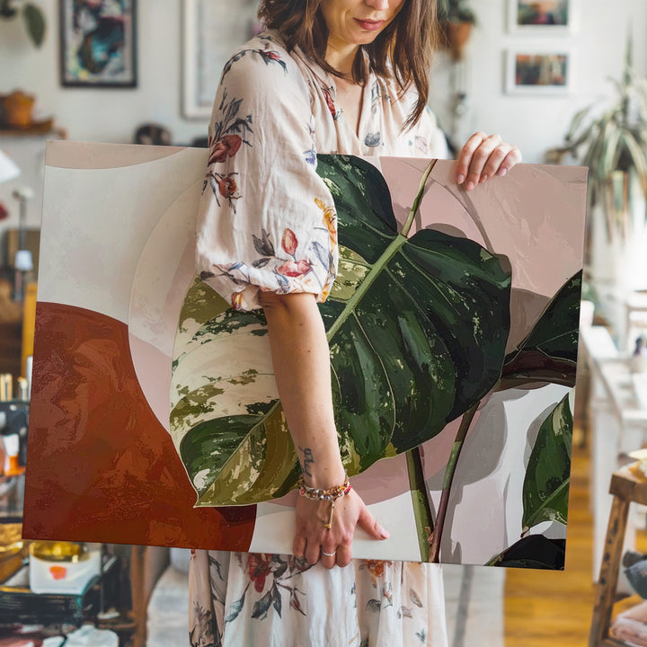 Monstera Leaf Canvas – Realistic Botanical Art with Abstract Earthy Background - Gifitto