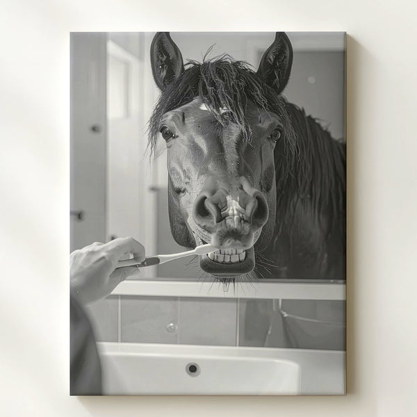 Toothbrush Horse Canvas – Humorous Equestrian Bathroom Art - Gifitto