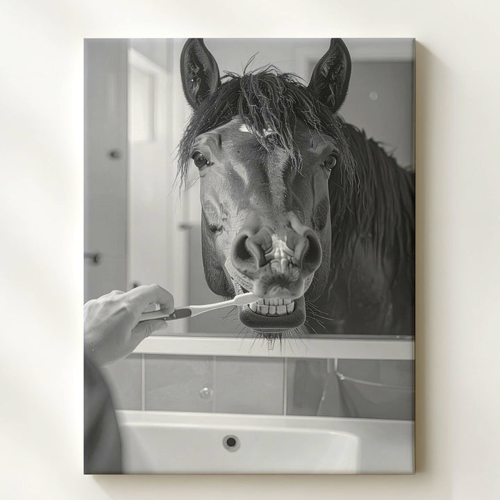 Toothbrush Horse Canvas – Humorous Equestrian Bathroom Art - Gifitto