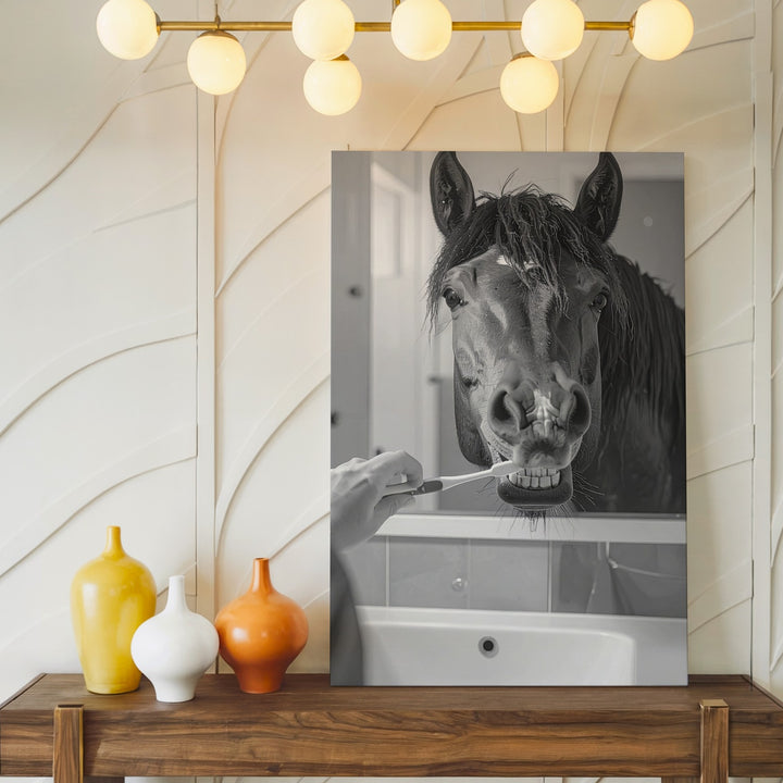 Toothbrush Horse Canvas – Humorous Equestrian Bathroom Art - Gifitto