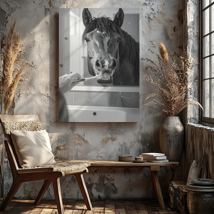 Toothbrush Horse Canvas – Humorous Equestrian Bathroom Art - Gifitto